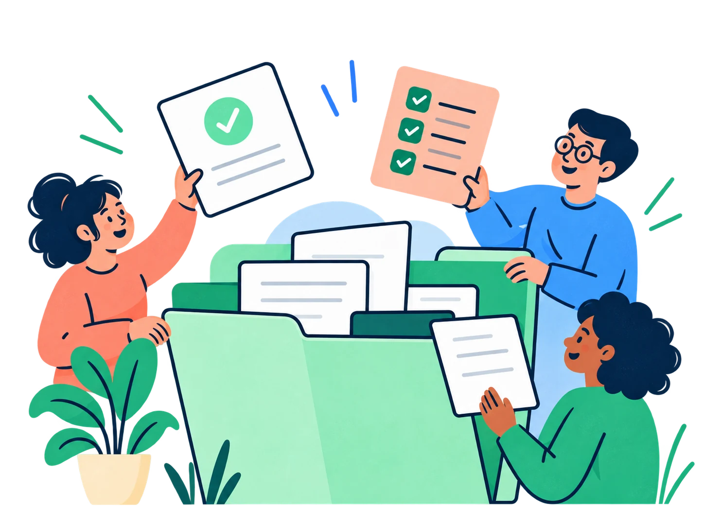 Illustration of a team bringing their work together